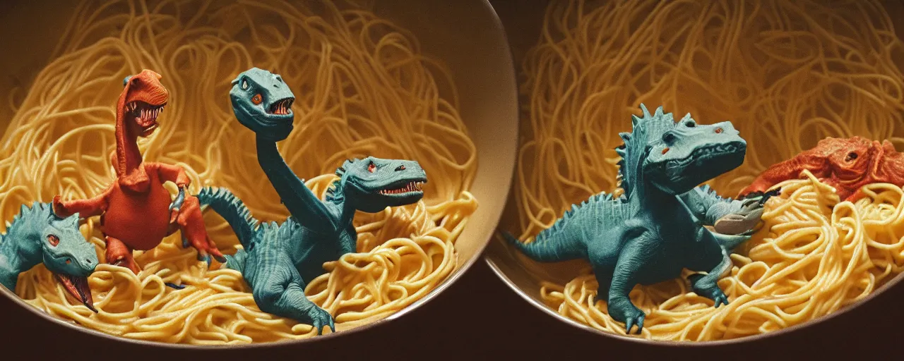 Prompt: two dinosaurs fighting to the death, inside a bowl of spaghetti, canon 5 0 mm, cinematic lighting, photography, retro, film, kodachrome