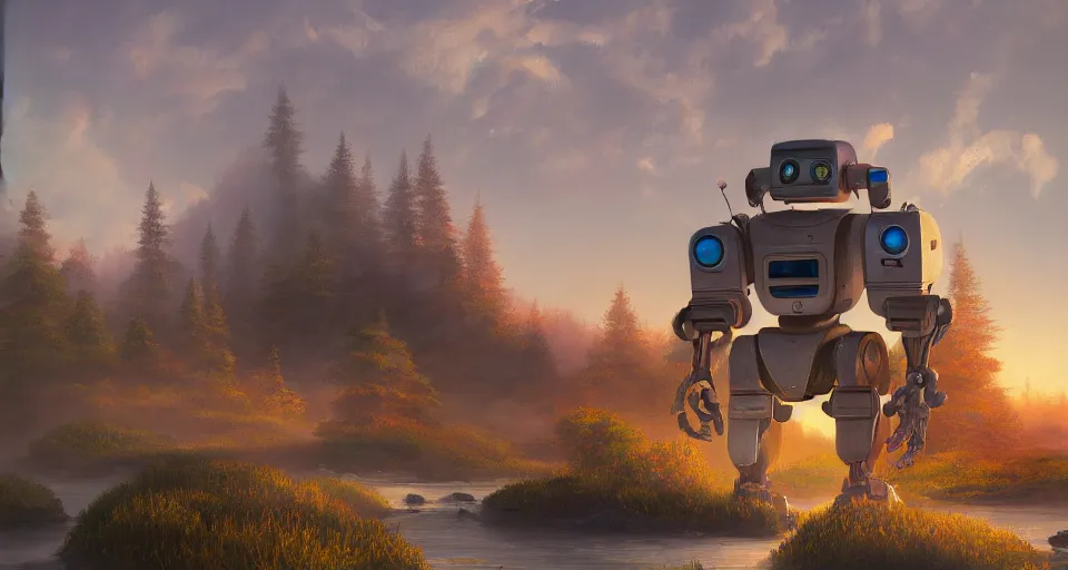 Prompt: a beautiful painting of robot bob ross making art, gigantic, octane render, brilliantly coloured, intricate, ultra wide angle, trending on artstation, dusk, volumetric lighting, polished, micro details, ray tracing, 8k