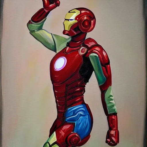 Prompt: a feminine version of female ironman painting