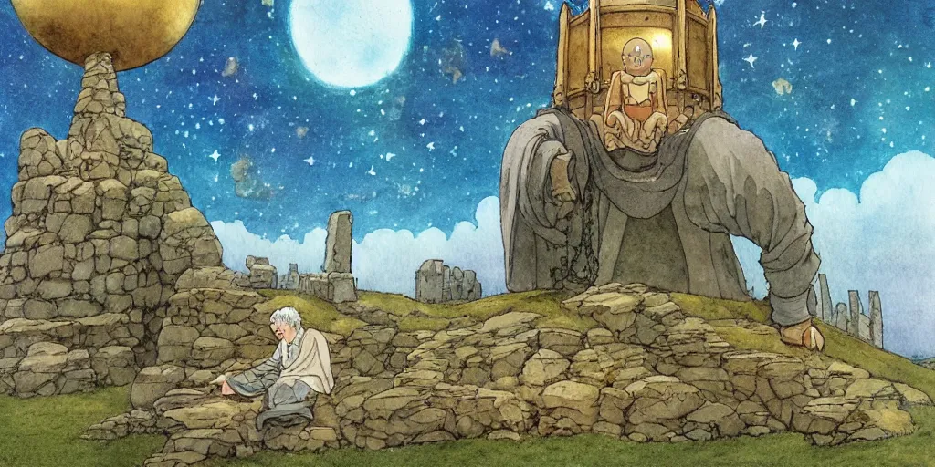 Image similar to a hyperrealist studio ghibli watercolor fantasy concept art of a giant medieval monk in lotus position in stonehenge with a starry sky in the background. a giant gold ufo is floating in the air. by rebecca guay, michael kaluta, charles vess