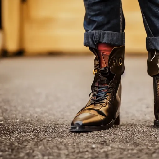 Prompt: a person wearing boots that are made from Lamborghini parts, ultrafine detail, sharp focus