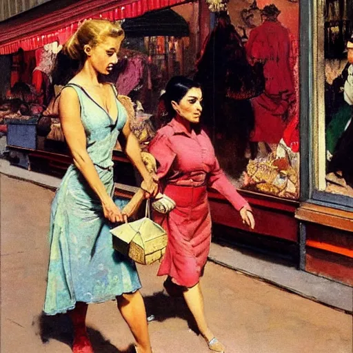 Image similar to action scene of women shopping, oil painting by frank frazetta and norman rockwell, cinematic, hyperreal, intense, highly textured, wide angle, insanely detailed, god rays, 3 5 mm, shallow depth of field