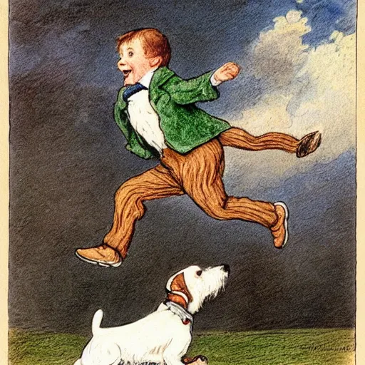 Prompt: portrait of a happy jack russel terrier jumping, closeup, illustrated by peggy fortnum and beatrix potter and sir john tenniel