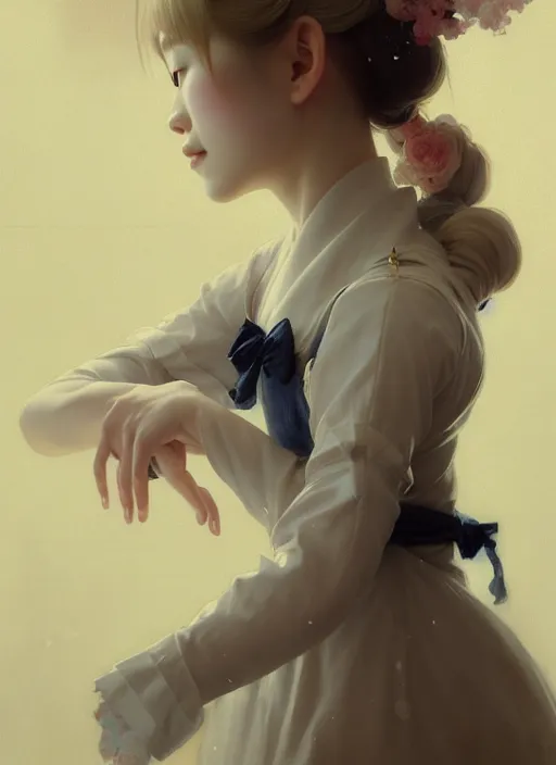 Prompt: symmetry!! portrait of a pretty japanese girl with blonde hair dressed as a french maid, elegant, highly detailed, digital painting, 8 k, concept art, smooth, sharp focus, illustration, ethereal, misty, octane render, by ruan jia and jeremy mann and alphonse mucha