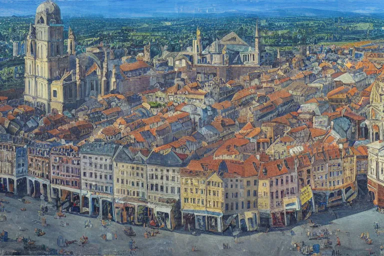 Image similar to drone view of an old european city, oil paining, very detailed, high resolution