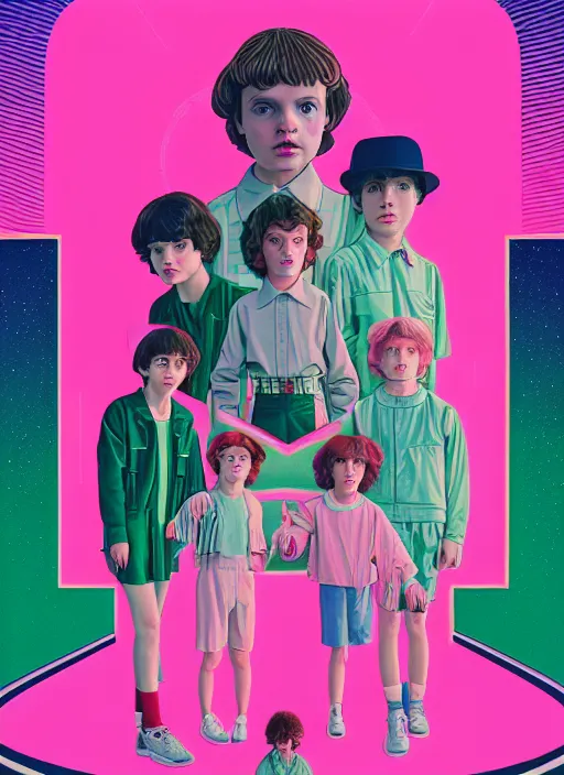 Prompt: symmetry!! poster with kids from stranger things, futuristic, dreamy, in shades of pink and green light, highly detailed, in the style of wes anderson movie shot, sharp focus, 8 k, illustration, art by kawase hasui,