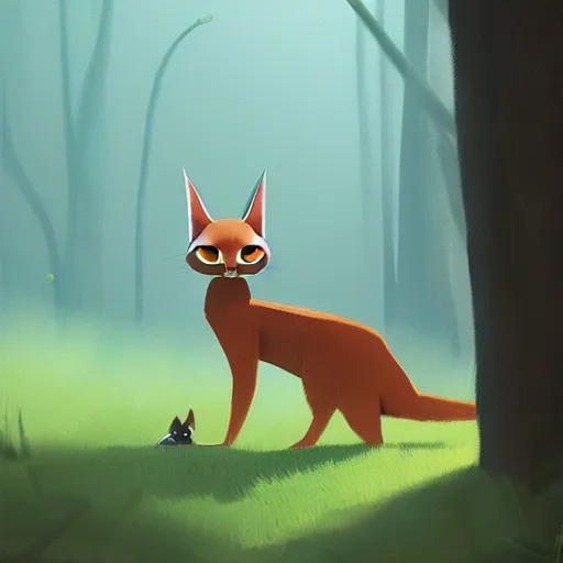 Image similar to Goro Fujita illustrating photo of a cate caracal in the woods, by Goro Fujita, concept art, sharp focus, highly detailed, ArtStation