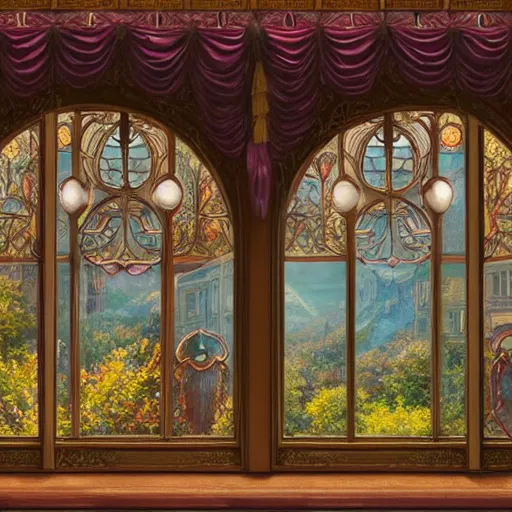 Image similar to digital illustration of a beautiful window open front view, complete window!, realistic, aesthetic, vintage frame window, ornate, russian style, colorful architectural drawing, a watercolor and matte painting by mark keathley and mandy jurgens and charlie bowater, cgsociety, artdeco, utopia art, bold colors, sci - fi, artstation hq