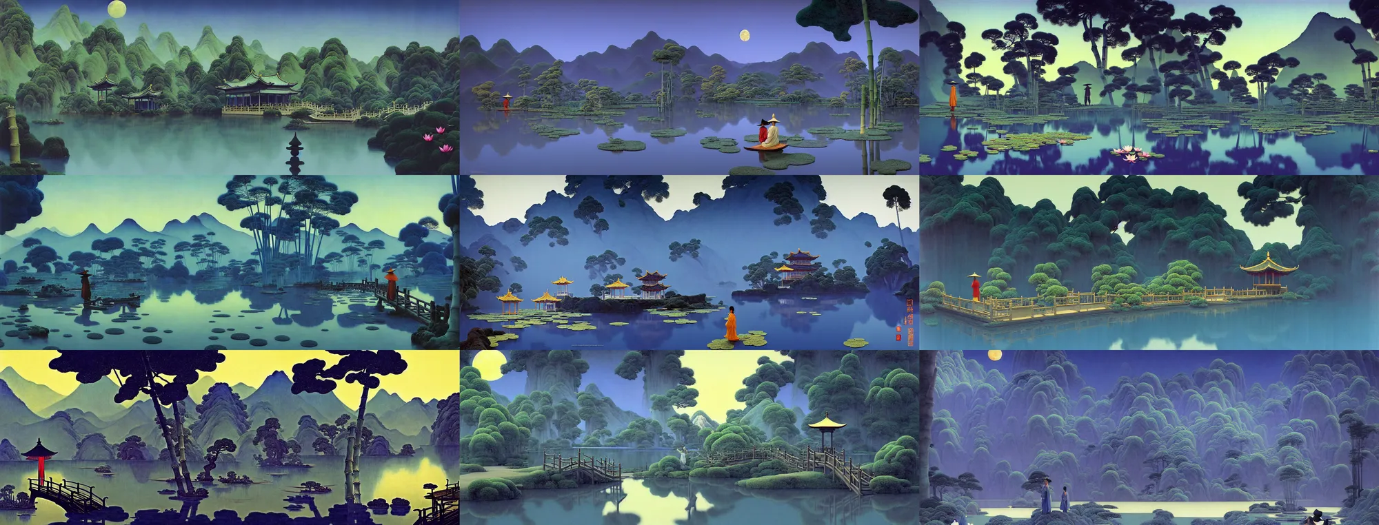 Prompt: a gorgeous landscape painting by barlowe wayne maxfield parrish and marco mazzoni. chinese temple. drak blue night sky. just one winter moon!! just one lonely chinese wuxia with bamboo hat walks on the winding steps. blooming lotus lake!! ultra clear detailed. 3 d, octane render. turbulent blood lake.