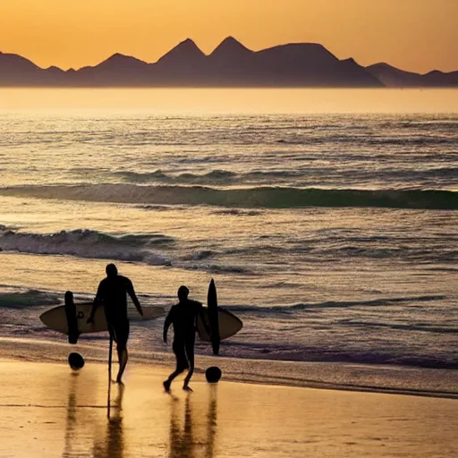 Image similar to A beach with mountains. The tallest peaks reach nearly to the sky. Ahead, in the distance, a blue-green sea stretches out for miles and miles until it fades into infinity. Surfers are riding the waves as they break against the shore. As the sun sets over the horizon, the light casts shadows across the water. A lone figure walks along the ocean's edge while looking at the distant land that lay beyond.