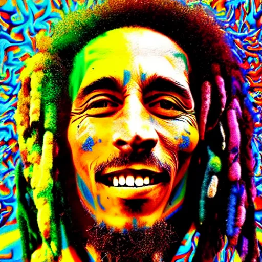 Image similar to colour masterpiece surreal closeup portrait photography of bob marley, highly detailed pop art, weird surreal epic psychedelic complex biomorphic 3 d fractal landscape, 8 k