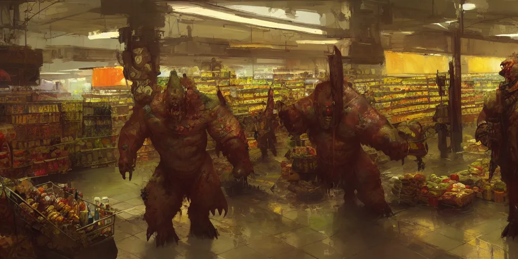 Prompt: orcs in the supermarket painting by ismail inceoglu craig mullins ian mcque