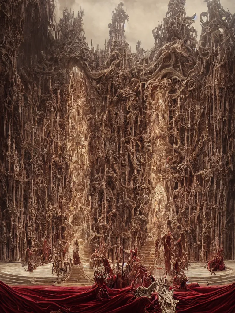 Image similar to matte painting of a huge ivory throne of bones, abominations are kneeling in front of the throne, red tones, highly coherent, ultra realistic, concept art, intricate details, eerie, highly detailed, photorealistic, octane render, 8 k, unreal engine. art by artgerm and greg rutkowski and alphonse mucha