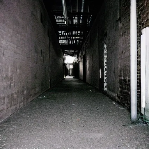 Image similar to A liminal space somewhere in a dark alley way, realistic, photography, early 2000s camera quality,