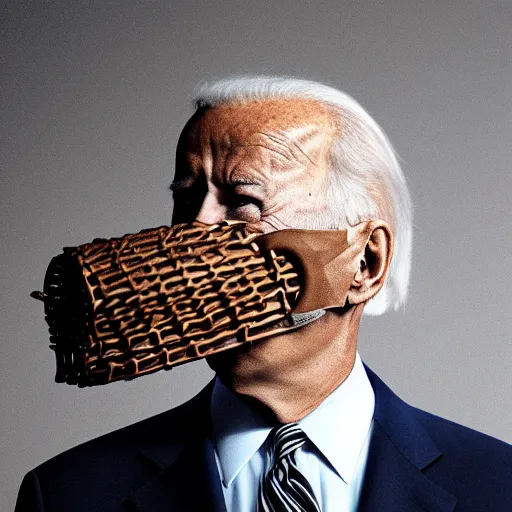 Image similar to uhd candid photo of joe biden wearing a basket - muzzle, with accurate face, real basket - muzzle, uhd, studio lighting, correct face, photo by annie leibovitz