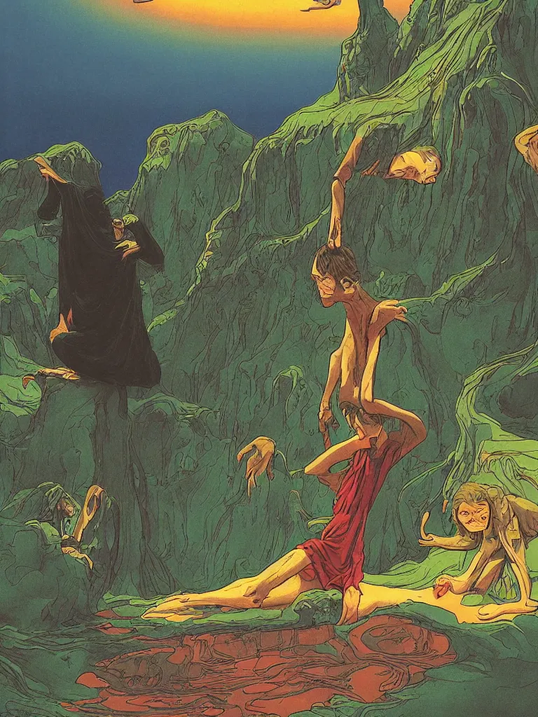 Image similar to an image of john lennon as gollum from the lord of the rings, taking mind altering drugs, a blotter paper of lsd acid and dreaming psychedelic hallucinations in the vast mordor landscape, by kawase hasui, moebius, edward hopper, colorful flat surreal design, dramatic lighting, hd, 8 k, artstation