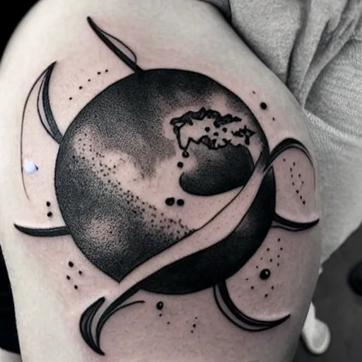 Image similar to geometric outer space tattoo, arm, line drawing, minimalistic, planets, galaxy, black