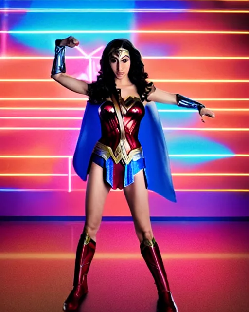 Prompt: gal gadot as wonder woman in saturday night fever dancing at a disco with a glowing illuminated multicolored square tile floor