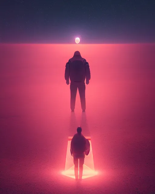 Image similar to a person standing in front of a glowy open door that's on a barren moon, poster art by mike winkelmann, trending on cg society, space art, sci - fi, ue 5, futuristic, volumetric lighting, light casting onto the ground, neat composition and camera angle