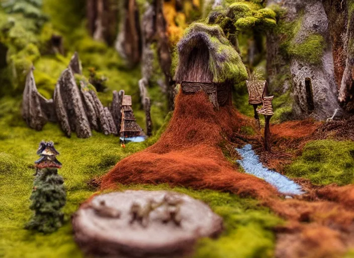 Image similar to high - res photograph of a felt and copper wire sculpture diorama with fantasy castles, highly detailed sculpey diorama, forest setting in iceland, waterfall backdrop, realistic materials, wood, felt, cloth, burlap, copper wire, hot glue, smooth, sharp foccus, commercial product photography,