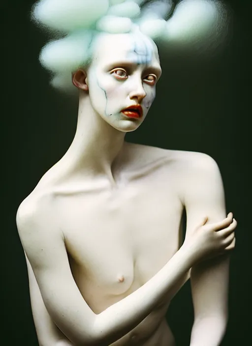 Image similar to cinestill 5 0 d photo portrait of a beautiful hybrid woman in style of tim walker by roberto ferri, weird marble body intricate detailed, hair is intricate style, 5 0 mm lens, f 1. 4, sharp focus, ethereal, emotionally evoking, head in focus, bokeh volumetric lighting, tonal colors outdoor