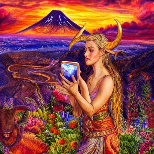 Prompt: painting by senior concept artist josephine wall, horned ram goddess, checking her cell phone, erupting volcano and sunset in distance in background, flowers in foreground, zodiac, fantasy acrylic on canvas, intricately detailed, highly detailed, high resolution, hdr, 8 k, trending on artstation