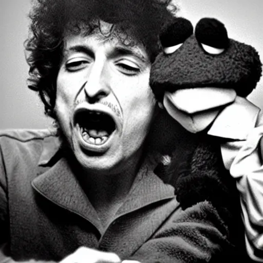 Prompt: bob dylan strangling kermit the frog, photograph