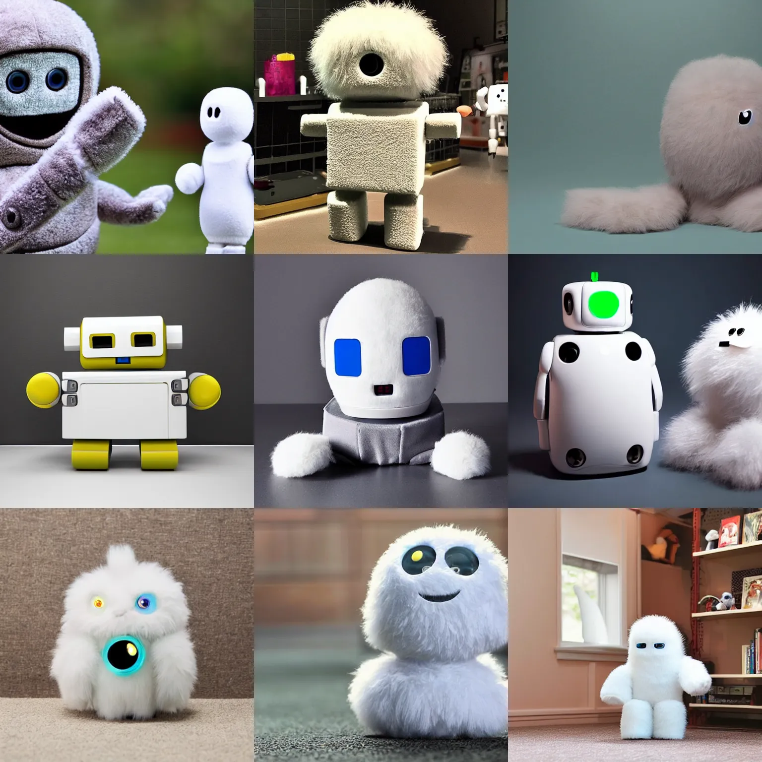 Prompt: <picture quality=hd+ mode='attention grabbing'>an adorable fluffy robot projects plays with a friendly ghost it just met</picture>