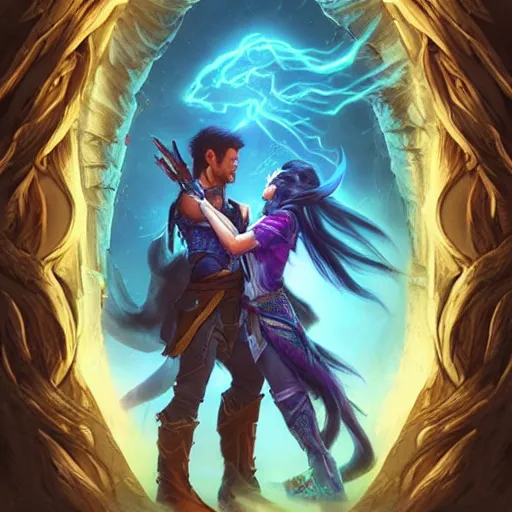 Prompt: a young couple, a human Asian male rogue and an Asian lightning goddess! hugging each other in front of the magical portal of eternity!, D&D, fantasy, intricate, elegant, highly detailed, portrait, medium shot, waist up, digital painting, artstation, concept art, matte, sharp focus, illustration, hearthstone, art by Artgerm and Greg Rutkowski and Alphonse Mucha