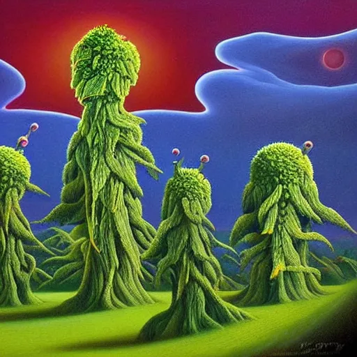 Image similar to surrealistic painting of cannabis trees on alien planet, by vladimir kush