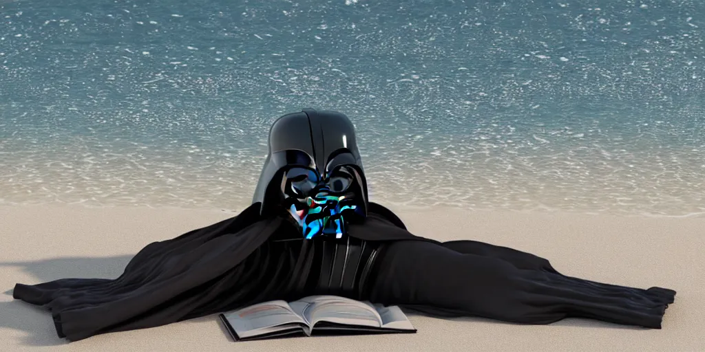 Prompt: darth vader sunbathing in the beach while reading, realism, 4 k, octane render, award winning photograph