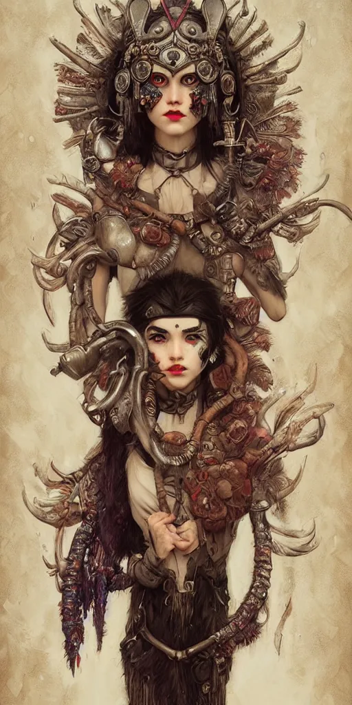 Image similar to hyper realistic Princess Mononoke, ornate mask, wet market street, rainy cyberpunk metropolis, full body pose, wolves, style of tom bagshaw, mucha, james gurney, norman rockwell, denoised, sharp