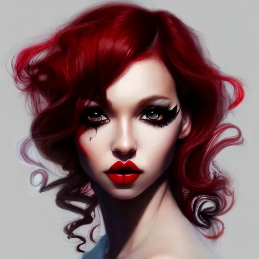 Image similar to a realistic illustration portrait of a beautiful aidra fox with curly black and red hair, black eyeliner, trending on artstation, hyper - realistic lighting, intricate, ross tran