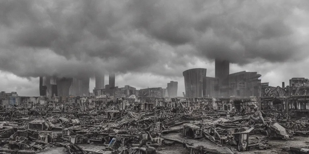 Image similar to a nuclear landscape of the southbank centre in london, collapsed brutalist architecture, groups of human figures stagger among the ruins, fog, dust atmosphere, brooding clouds, mushroom cloud, detailed, 4k