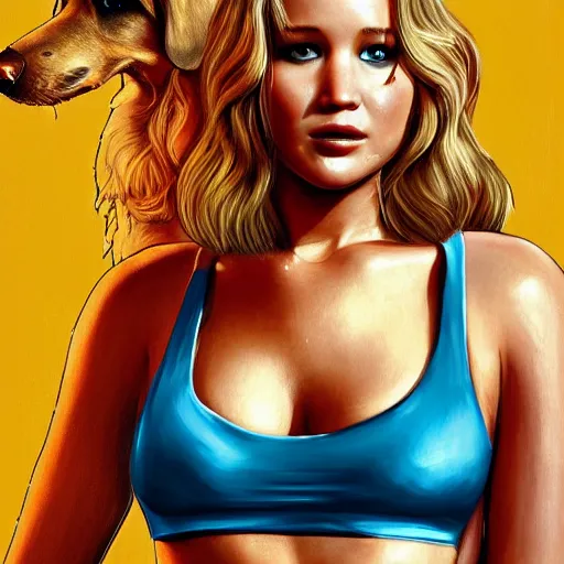 Image similar to highly detailed painting of jennifer lawrence wearing a bikini and her golden retriever dog, gta 5 cover art style, 8 k, radiant light, detailed and intricate environment, trending on artstation