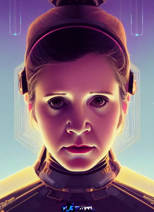 Image similar to symmetry!! portrait of young carrie fisher, gold sci - fi armour, tech wear, glowing lights!! sci - fi, intricate, elegant, highly detailed, digital painting, artstation, concept art, smooth, sharp focus, illustration, art by artgerm and greg rutkowski and alphonse mucha