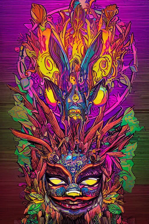 Image similar to animal mask totem roots flower tribal feather gemstone plant wood rock shaman vodoo video game vector cutout illustration vivid multicolor borderlands comics by josan gonzales and dan mumford radiating a glowing aura