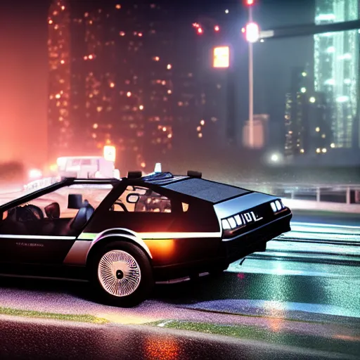 Image similar to hyperdetailed, photorealistic photograph of a dmc 1 2 delorean driving in the streets, rain, night, dense fog, hd, unreal engine 5