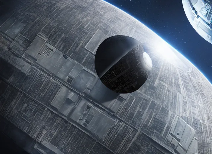 Image similar to film still of the death star hovering above earth, full view, in the new star wars movie, 4 k