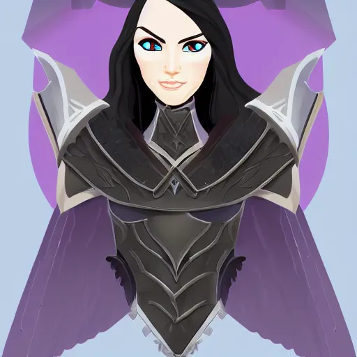 Image similar to female half-elf paladin of the raven queen in black armor with a shield, black hair, clear face, dark eyes, digital illustration