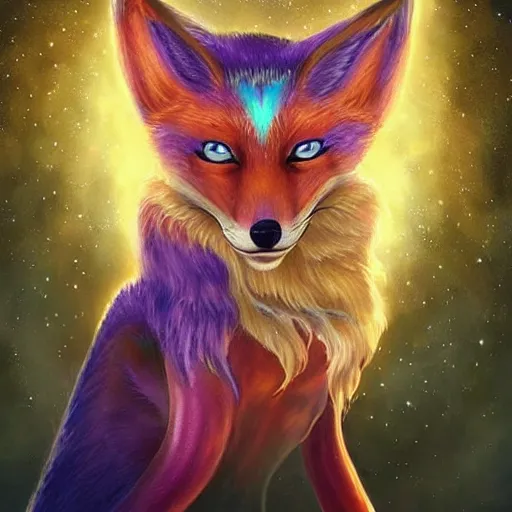 Image similar to a painted avatar portrait of an awesome cosmic powerful anthropomorphic kitsune fox mage themed around death and the stars and the cosmos, in the style of dnd beyond avatar portraits, beautiful, artistic, elegant, lens flare, magical, lens flare, nature, realism, stylized, art by jeff easley