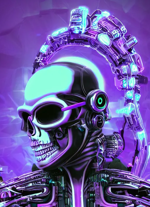 Prompt: a futuristic skull wearing sunglasses with glowing eyes and a purple background, cyberpunk art by android jones, behance contest winner, computer art, darksynth, synthwave, rendered in cinema 4 d