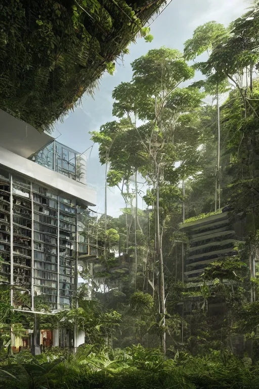 Image similar to architecture inspired by renzo piano deep in the rainforest. nature is taking over. metabolism. matte painting. octane render. hdr. volumetric lighting. global illumination. atmospheric.