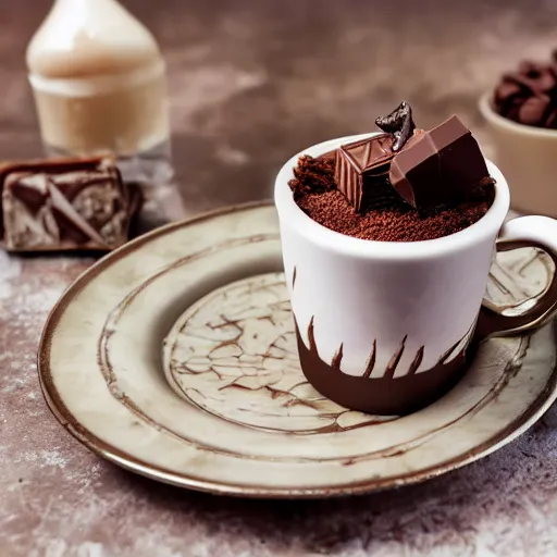 Image similar to lizard eating a cinematic dramatic lights movie shot of ultra realistic photo of a cup full of sweet goloso pasticceria chocolate ice cream cake with a coffee - praline twist cream bigne in with rich details in luxury cup and plates