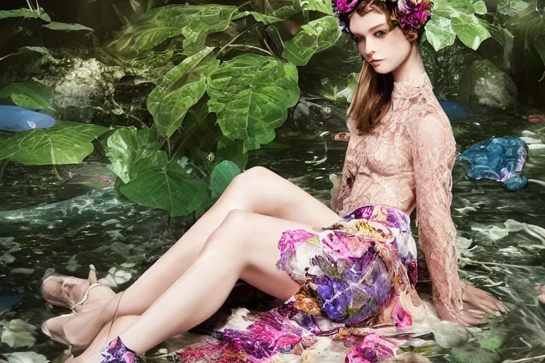 Image similar to cute cybernetically - enhanced young model in nature wearing valentino 2 0 1 3 spring floral, lace, patterned, sheer skirt, lounging by a holographic waterfall, tranquil cyber fashion photoshoot