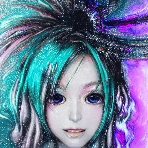 Prompt: A bright thick silver liquid seeping through,highly detailed painting of Hatsune Miku with sparkly googly anime eyes, chiaroscuro, masterpiece painted by Claude Monet, nacre painting by Grace Pailthorpe, paint-on-glass painting, pastel oil inks, very ethereal, dark, chiaroscuro, nacre, neon static, neon gradient, vantablack, chiaroscuro, paint-on-glass painting, oil inks, very ethereal, silver light