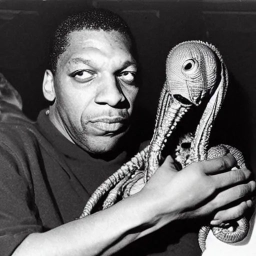 Prompt: john coltrane snuggling a slimy alien