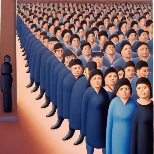 Image similar to a painting of a group of people standing in a line, a surrealist painting by george tooker, reddit, cynical realism, dystopian art, surrealist, academic art