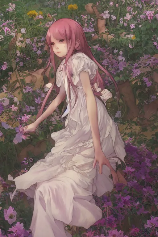 Image similar to a digital art of a loli with long hair in a dress in the privet garden at after noon, by krenz cushart and mucha and akihito yoshida and greg rutkowski and makoto shinkai, detailed eyes, 4 k resolution 、 trending on art station