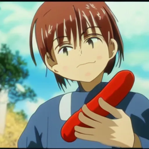 Prompt: still from anime film by makoto shintai of a hotdog